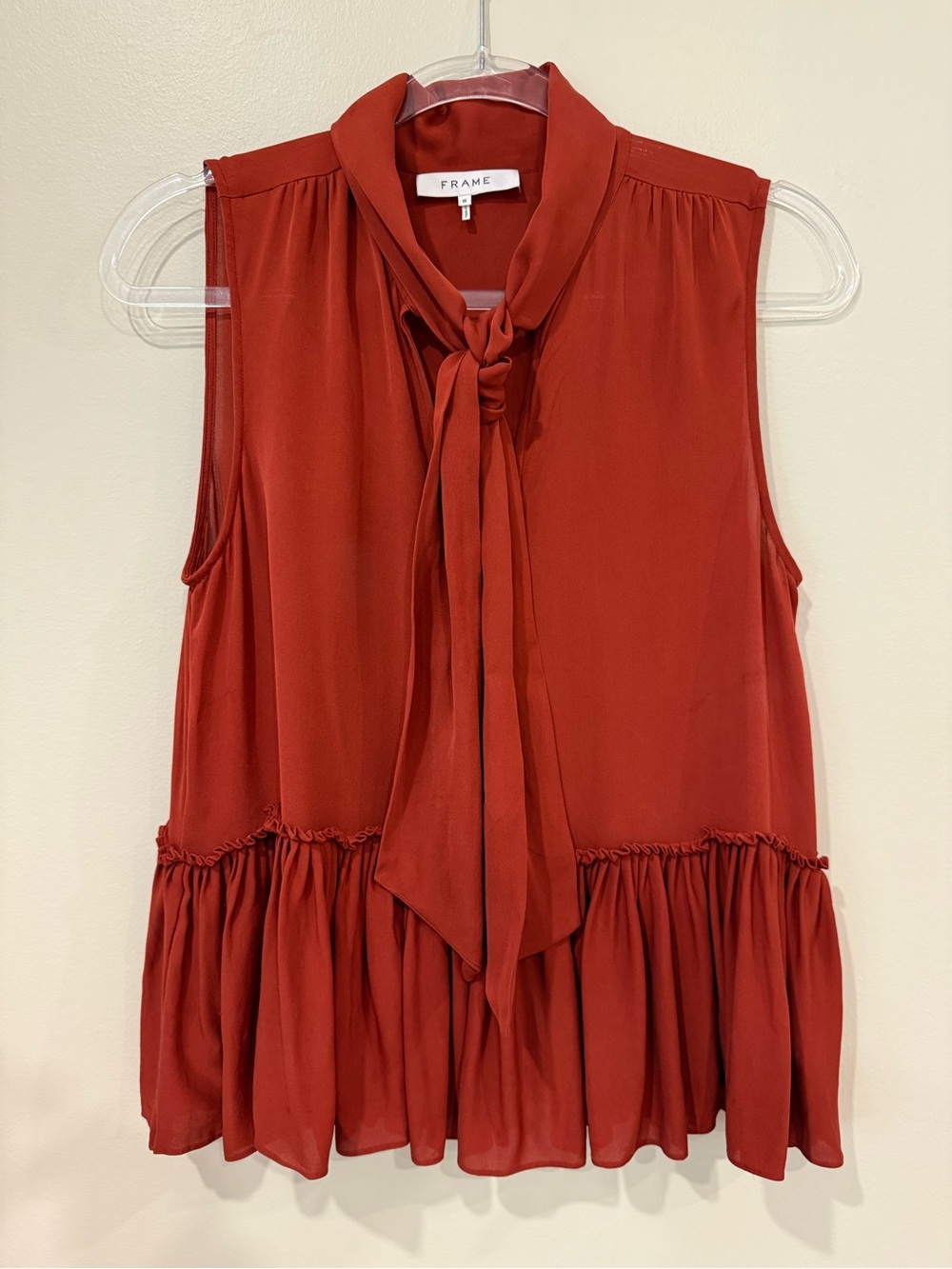 FRAME Burnt Henna Rust Orange Silk Tie Neck Pleated Peplum Hem Tank Top Medium